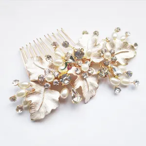 New Products Handmade Wedding Hair Comb Bride Gold Leaf Hairbands Flower Shape Crystal Hair Combs for Women