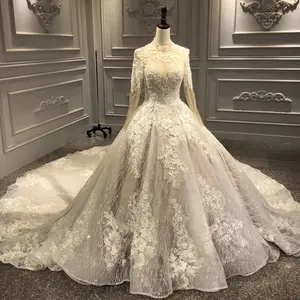 Vestido de noiva para casamento, miçangas de vestido de casamento, mangas de treinamento compridas, vestido de noiva com véu grande, amanda nioivas 2019