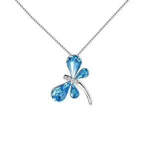 Newest 925 Sterling Silver Aqua & Blue Dragonfly Charm Pendant Fashionable Necklace Sparkling Crystal