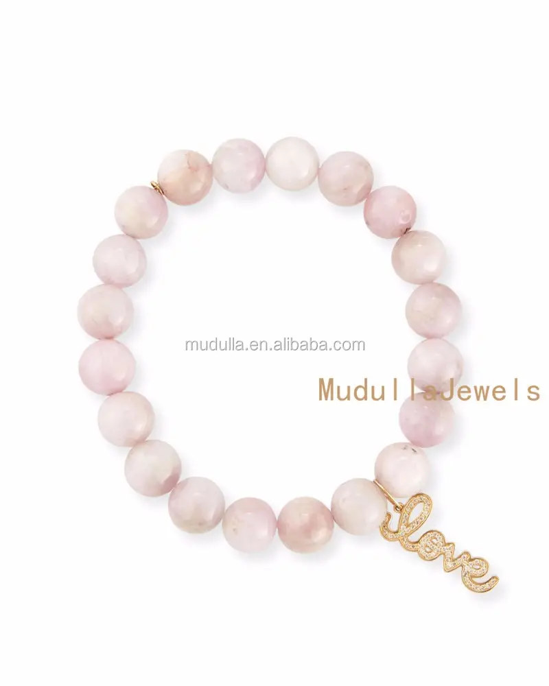 BM25266 Gelang Manik-manik Kunzite 8Mm, Manik-manik Jimat Bentuk Bulat dengan Huruf CINTA Gelang Perhiasan untuk Wanita