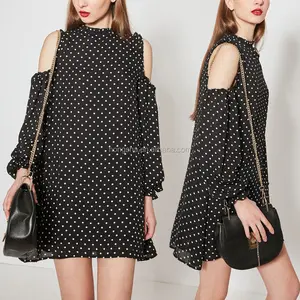 Nieuwe Stijl Lange Mouw Koude Schouder Polka Dot Chiffon Mini Party Jurken Voor Meisjes Van 18 Jaar Oude Dames Kleding HSD5921