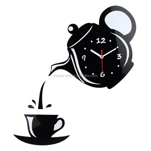 安いアートデザインモダンミラー効果ティーポットアクリルステッカー壁掛け時計コーヒーカップ形状クォーツリビングルーム家の装飾