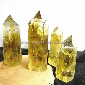 天然多面黄水晶石英水晶柱柱，愈合民间艺术水晶点