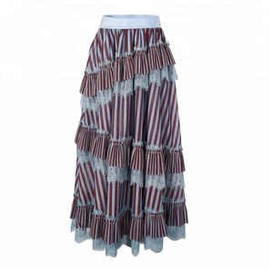 High Quality <strong>Plus</strong> <strong>Size</strong> Casual Ladies Striped Ruffles Lace 100% Polyester Long <strong>Maxi</strong> <strong>Skirt</strong> - Product Image 1