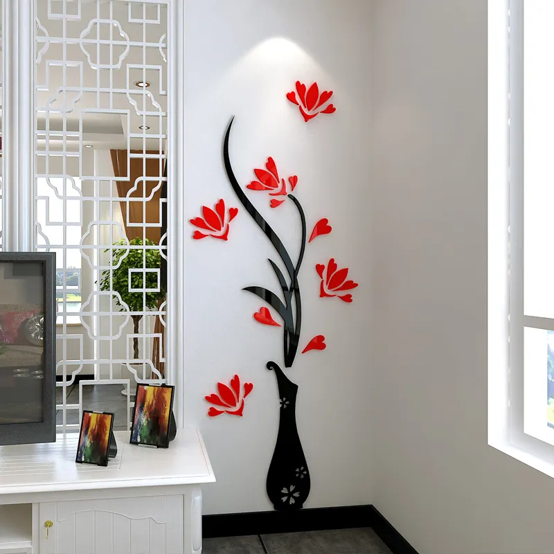 Acrylic 3D Plum Flower Vase Wall Stickers home decor creative wall decals living room Home Bedroom Decor DIY Wall sticker