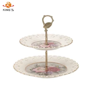 Flower design New Bone China 2-tier cake stand porcelain plate cake stand