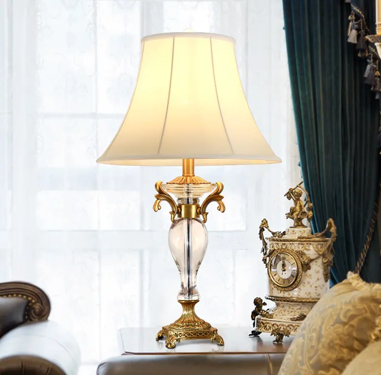 Gracious Home Deco Antique Royal European Copper And Crystal Bedside Table Lamp With Lampshade BF05-NS-1179