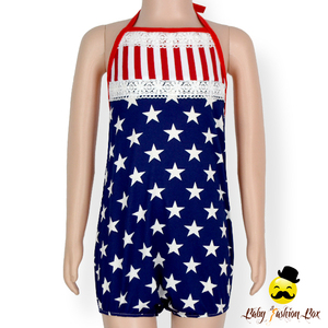 Robe Conception Enfants 4ème De Juillet Marine Étoile Rouge Rayé Dentelle Halter Infantile Bébé Fille Vintage Barboteuse - Product Image 2
