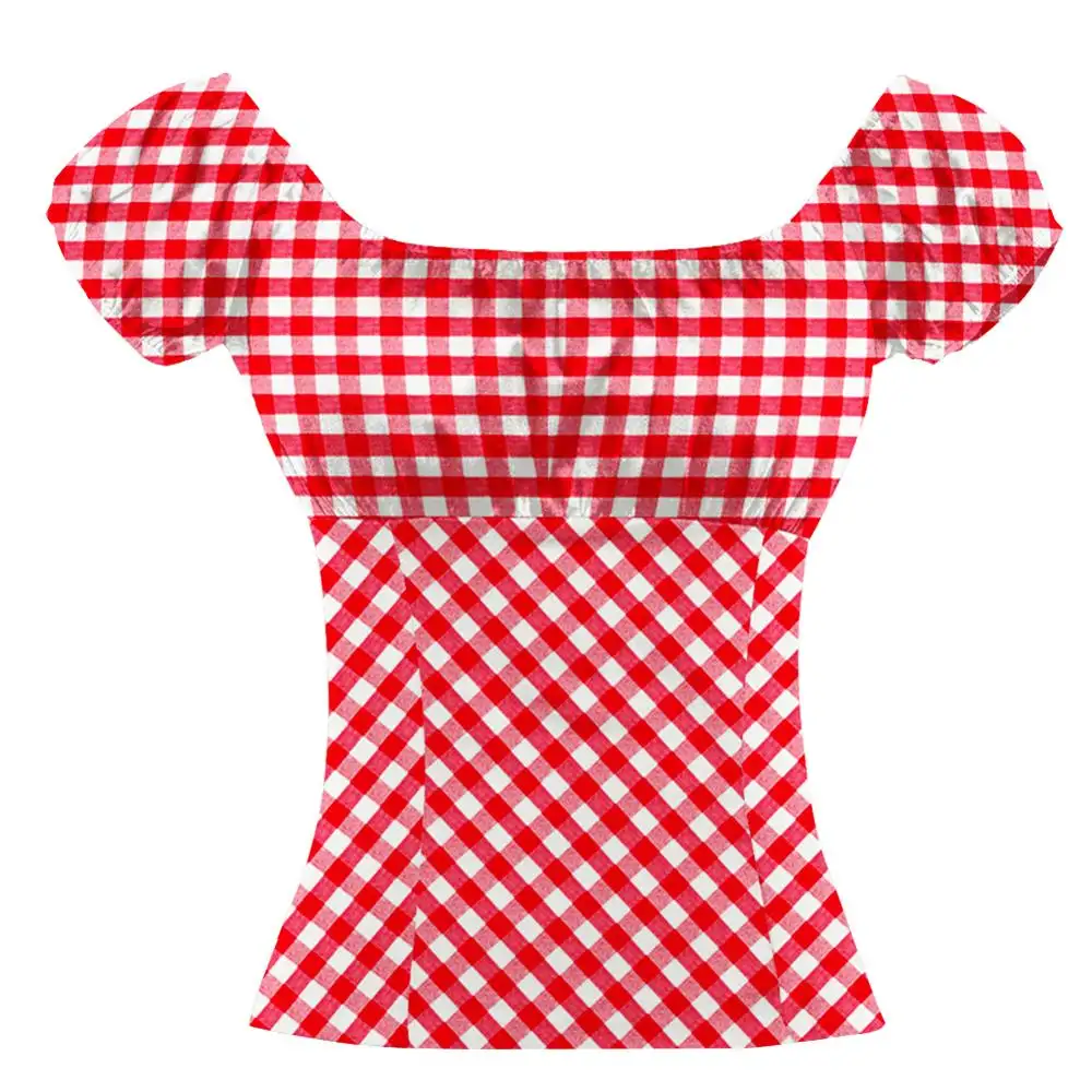 Verano hombro camisa a cuadros de manga corta de Top rojo cheque blusa para las mujeres