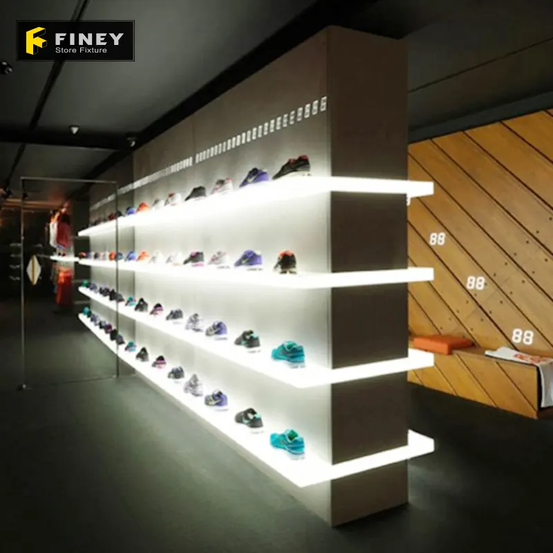 Estante de pie personalizado para pared, iluminación Led de MDF para zapatos, estante de exhibición de fábrica, iluminación Led para zapatos