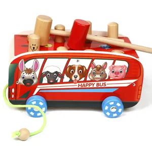 热卖木制巴士玩具形状敲小锤子为儿童汽车玩具为孩子