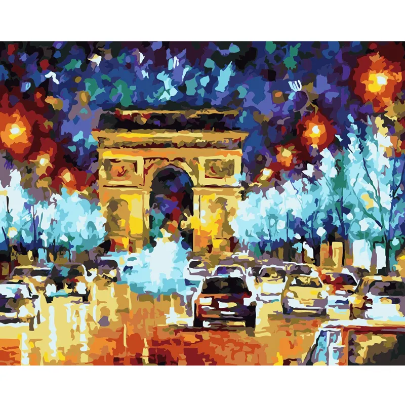 Digitales Ölgemälde Arc De Triomphe und Auto auf der Straße auf Leinwand Kunst Wandbild Ölgemälde Rahmen Großhandel