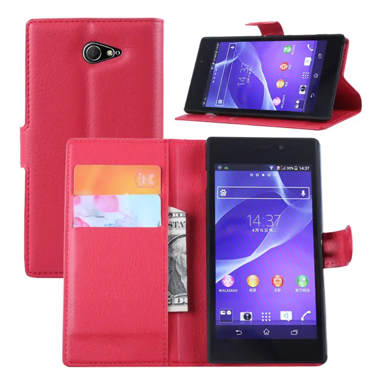 Hot Selling Back Cover For Sony Xperia M2 PU Leather Flip Case Stand Wallet Cases