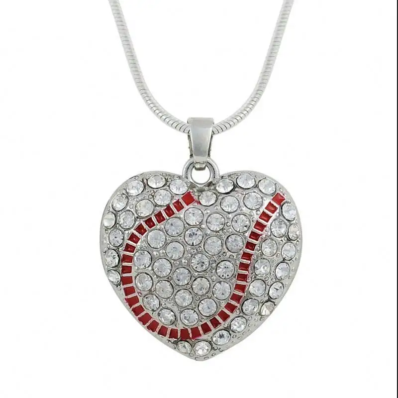 Fashion Jewelry Snake Chain Zinc Alloy Metal 2D crystal Rhinestone Baseball Heart Peach Shape Pendant Necklaces