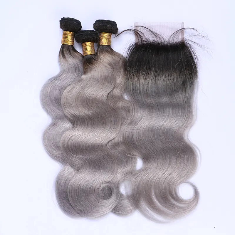 Grade 10 A Brazilian Virgin Hair Body Wave 1B Grey Ombre Remy Human Hair Weave With Closure