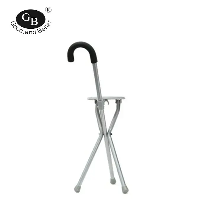 Three-legged Aluminum Folding Stool Chair Cane Walking Stick with Seat