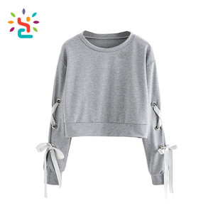 Sudadera Corta de Moda para Mujer, Color Sólido, Manga Larga, con Cordones y Ojales - Product Image 1