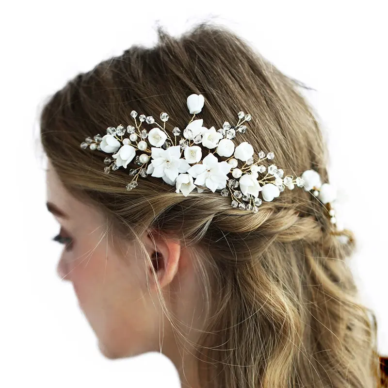 Kadın balo parti el yapımı seramik çiçek gelin takı seti kristal başlığı düğün saç aksesuarları