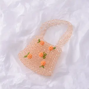 复古橙色苏打包透明水晶女孩串珠编织手提包女士2021手工制袋