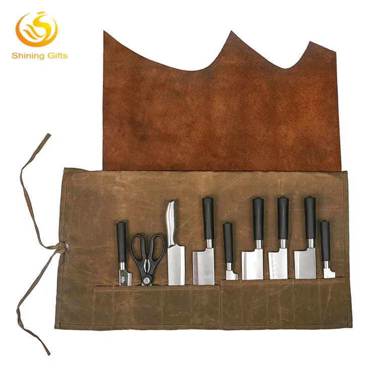 Lederen Mes Roll up Tool Bag 10 Zakken Handgemaakte Canvas Gebruiksvoorwerp Houder