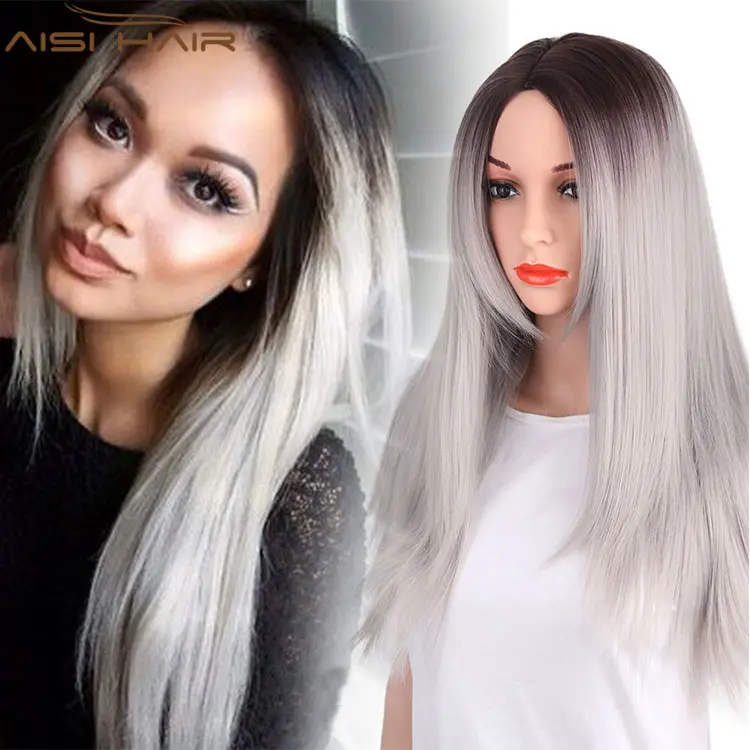 Aisi Hair 26 inch Women's Ombre Grey Wigs For Black Women Heat Resistant Synthetic Long Straight Hair Wig