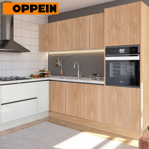 Armoire de <span class=keywords><strong>cuisine</strong></span> moderne en panneau de particules de stratifié brillant avec dosseret à glissière de <span class=keywords><strong>tiroir</strong></span> de charnière de robinet d'évier-pour villas - Product Image 1