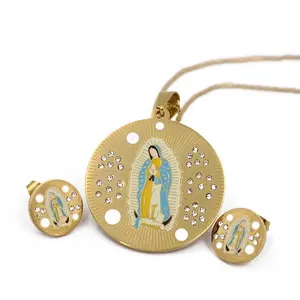 Low Price Enamel Stainless Steel Religious Gold Jewellery Diamond Pendant And Earring Set