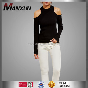 Causal base <span class=keywords><strong>camisa</strong></span> mujeres del diseño para el invierno material de punto negro <span class=keywords><strong>sin</strong></span> <span class=keywords><strong>tirantes</strong></span> hombro Ribbed t-shirt - Product Image 1