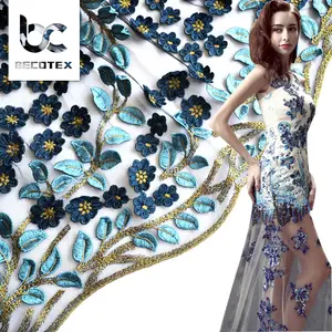 El más nuevo diseño francés 3d de encaje de tul azul marino de tela de encaje 3d de encaje de flores