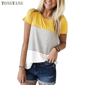 TONGYANGレディーストップス半袖ラウンドネックトリプルカラーブロックストライプTシャツカジュアルブラウス - Product Image 1