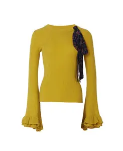 Ropa Mujer Online Shopping Sweaters Women Knitted Sweater Yellow Flare Sleeve Pullover O-Neck Knitwear Garment