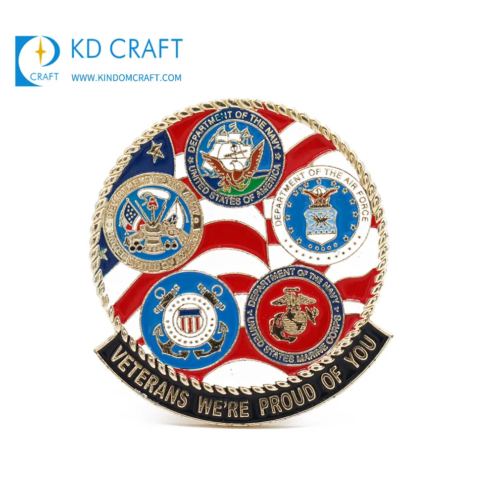 Di alta qualità custom made in metallo in lega di zinco 3D placcatura in oro paese bandiera militare army navy veterani in america scout distintivo