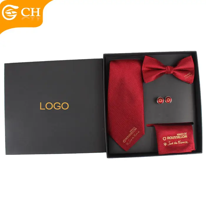 Set di cravatte da uomo di ultima generazione cravatte personalizzate con Logo rosso in seta italiana personalizzate Set di scatole regalo con polsino in seta 100% e papillon