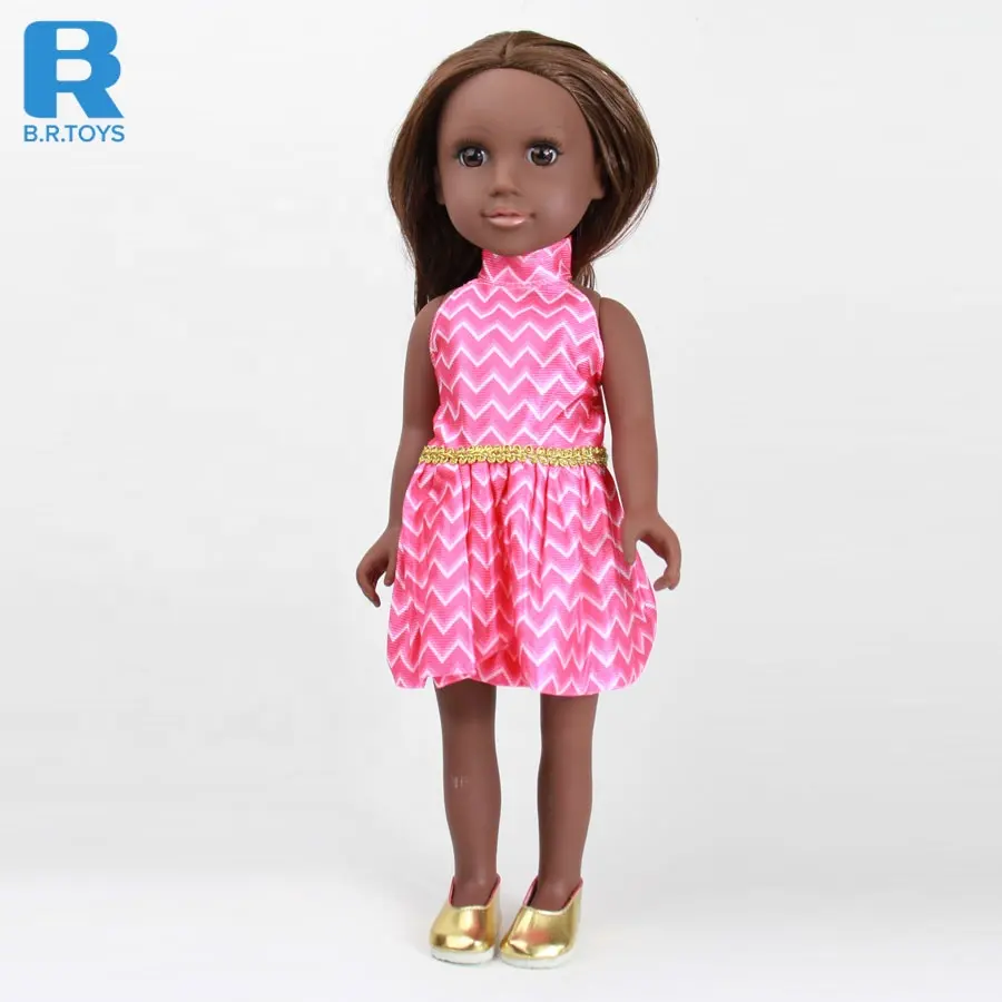 Eco-friendly educational Black vinyl African black girl doll with brown hair rooted hair pink dress for children