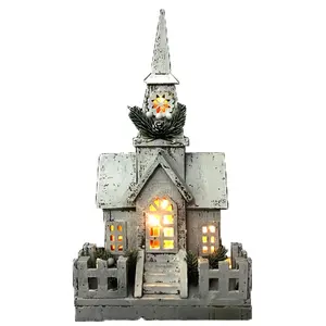 Xmas decoration LED lighted Christmas wooden village with church house warming gift