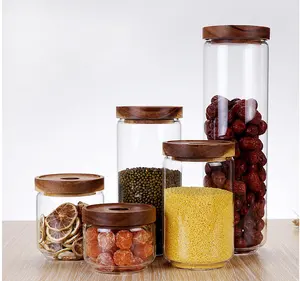 Acacia wood lid glass sealed jar nut coffee beans flower tea storage glass container