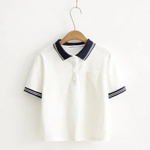 Abbigliamento Estivo per Studentesse, T-shirt con Colletto in Stile Coreano, Design a Blocchi di Colore, Camisa De <span class=keywords><strong>Polo</strong></span>, Top Corto Personalizzato - Product Image 3