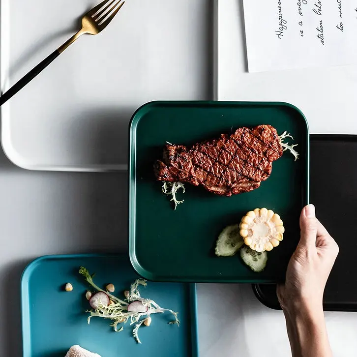 Assiettes de service en céramique pour Restaurant, 24 pièces, pour steak, carré, vert mat