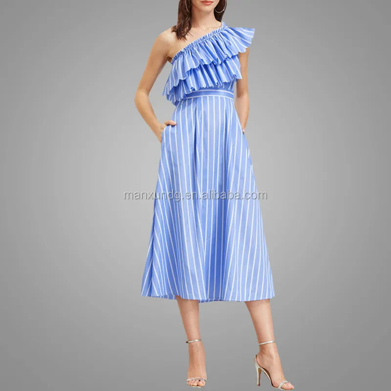 Women Summer Fashion One Shoulder Long Dress Elegant Blue Striped Dress High Quality Ruffles Dresses