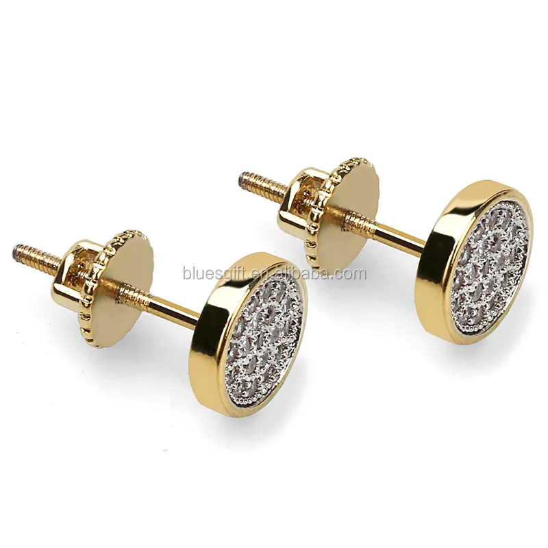 Blues Messing Stud Earring Groothandel Schroef Terug Micro Verharde Zirkoon Iced Out Cz Ronde Oorbellen Voor Mannen Sieraden