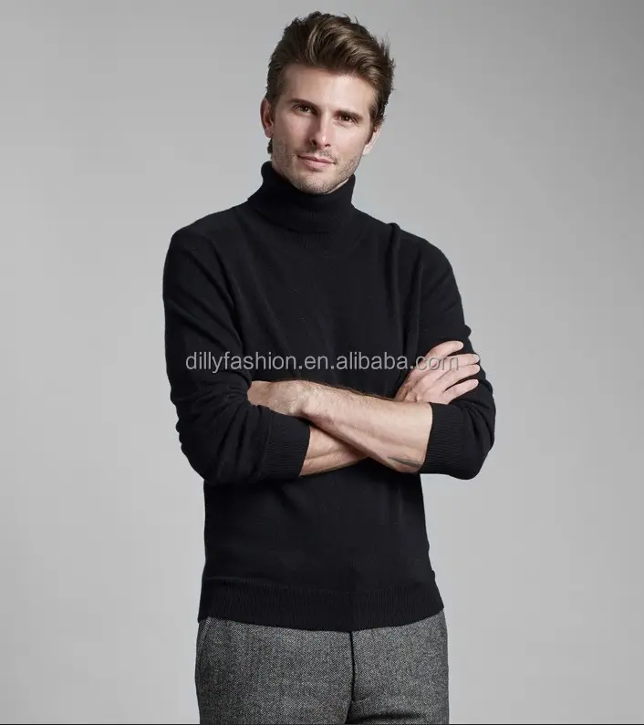 Winter mens black pure cashmere turtleneck sweater