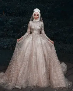 Luxuriöses Crystal Bling Brautkleid Brautkleid Langarm Dubai Muslim Brautkleid 2021 New Robe de Mariage Brautkleid