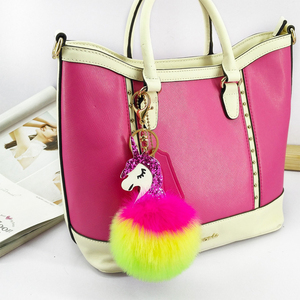 Yongze cara pompom llavero unicornio mullido Faux fur puff bola colorida bola peluda unicornio llavero - Product Image 6