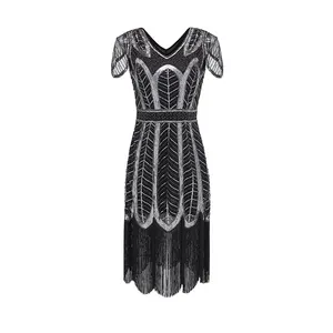 JONG-EE素晴らしいギャツビー女性のヨーロッパのデコスタイルのスパンコールビーズカクテルフラッパーエレガントなイブニングドレス