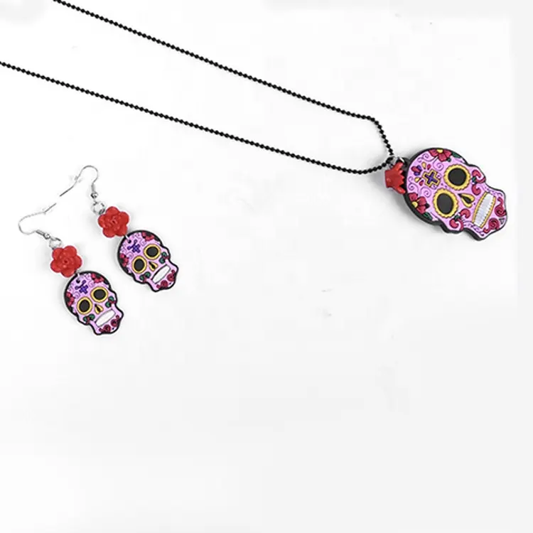 Pinc PVC Mexican Sugar Skull Necklace Earrings Set Red Roses for Day of the Dead Halloween Engagement Anniversary Party Gift