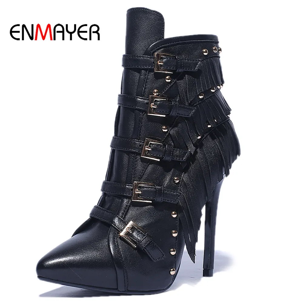 Wholesale 2020 New arrival sexy stiletto buckle rivet girls ladies ankle boots cow leather high heel boots winter autumn