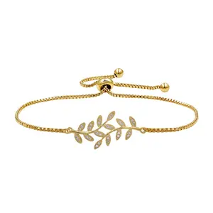 Copper Jewelry With Gold Plated Women CZ Diamond Olive Leaf branch Adjustable Thin Box Chain Bracelet Supplier