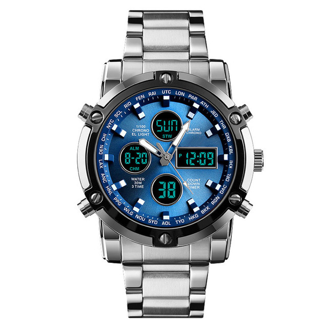 Latest Design Dual Display Analog Digital Watch 48 mm Big Face Stainless Steel Man Watches