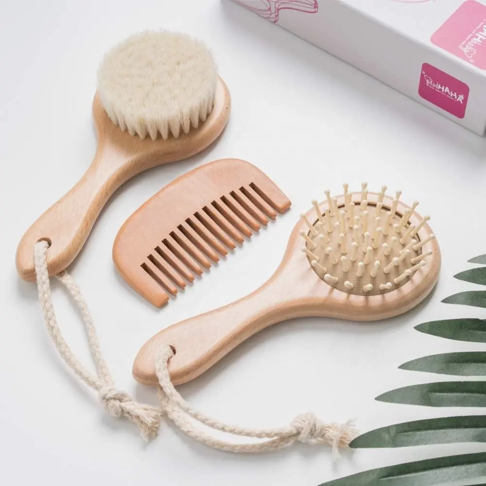 Yeni ürün fikirleri 2019 doğal 3 adet ahşap bebek saç fırçası ve tarak Set-bebek fırça seti silikon