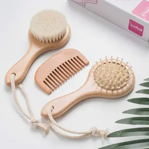 Nuove idee di prodotto 2019 Naturale 3 pezzi Del Bambino di Legno Spazzola per Capelli e Pettine Set-Bambino Insieme di Spazzola Del Silicone